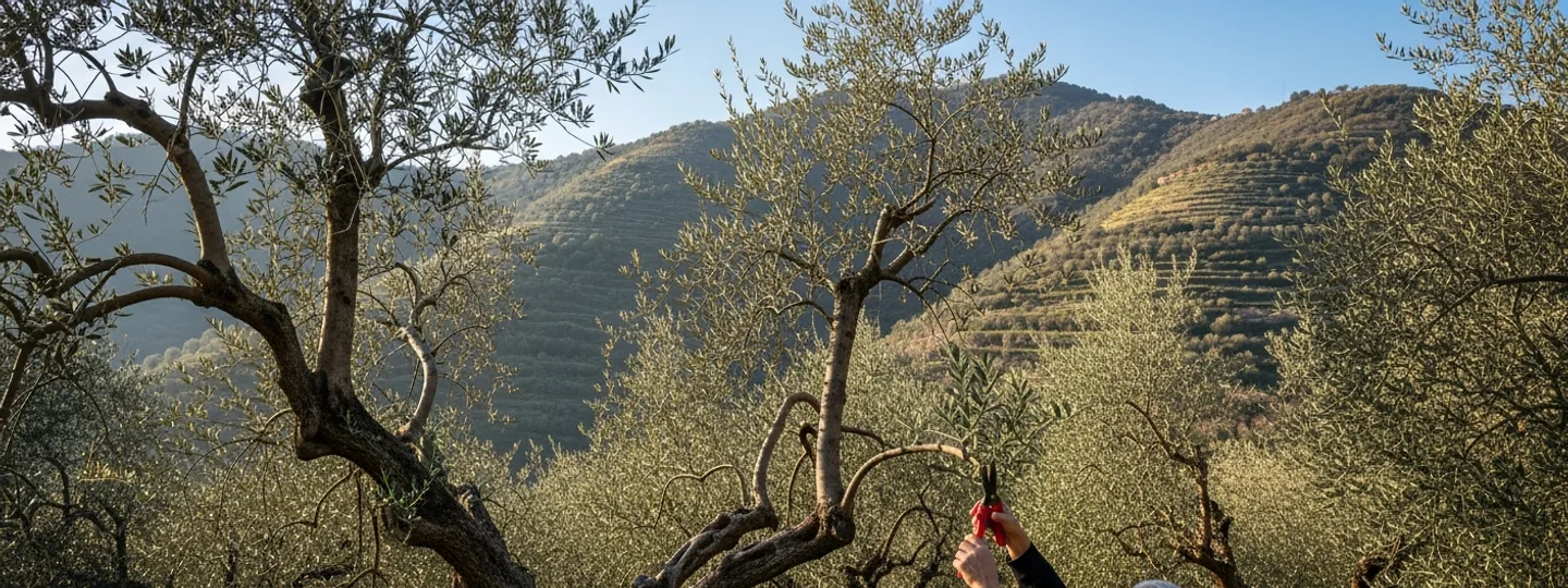 Olivenbaum schneiden Bilder – Olivenhain in Ligurien beim Winterschnitt