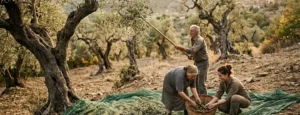 Olivenernte 2025/2026 in Europa – Familie bei der traditionellen Olivenernte mit Netzen und Stab in einem ligurischen Olivenhain