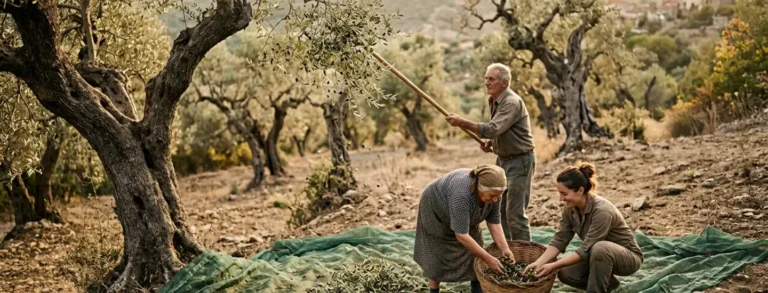 Olivenernte 2025/2026 in Europa – Familie bei der traditionellen Olivenernte mit Netzen und Stab in einem ligurischen Olivenhain